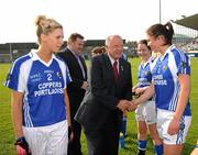 7 May 2011; Pat Quill, President, Cumann Peil Gael na mBan, is introduced to Anna Moore by Laois captain Aisling Quigley. Bord Gais Energy National Football League Division One Final, Cork v Laois, Parnell Park, Donnycarney, Dublin. Picture credit: Ray McManus / SPORTSFILE