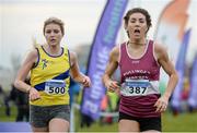 11 December 2016; Third place Rachel Gibson, left, North Down A.C, Co. Down, and Elizabeth Carr, right, Mallow A.C, Co. Cork, in action during the Novice Women's 4000m race the Irish Life Health Novice & Juvenile Uneven Age National Cross Country Championships at Dundalk I.T. in Co. Louth. Photo by Seb Daly/Sportsfile