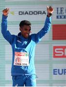 11 December 2016; Yohanes Chiappinelli who came second place in the mens under 20 race during the medal presentation at the 2016 Spar European Cross Country Championships in Chia, Italy. Photo by Eóin Noonan/Sportsfile