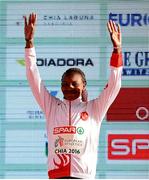 11 December 2016; Meryem Akda of Turkey who came second place in the womens senior race during the medal presentation at the 2016 Spar European Cross Country Championships in Chia, Italy. Photo by Eóin Noonan/Sportsfile