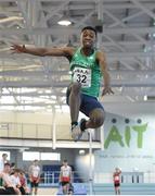 10 December 2016; Anthony Odubote of Ireland, from CBS Rice College, Ennis, competes in the Over 16 Boys long jump event at the Combined Events Schools International games at Athlone IT in Co. Westmeath. Photo by Cody Glenn/Sportsfile