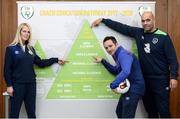 12 December 2016; Coaches Barbara O'Connell, left, and Marcus Grant with Republic of Ireland U16 Manager Paul Osam, right, during the FAI Coach Education Pathway 2017-2020 Launch at FAI HQ in Abbotstown, Dublin. Photo by Sam Barnes/Sportsfile
