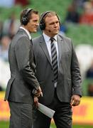 30 April 2011; Former rugby internationals Will Greenwood, left, and Scott Quinnell working for Sky Sports at the game. Heineken Cup Semi-Final, Leinster v Toulouse, Aviva Stadium, Lansdowne Road, Dublin. Picture credit: Brendan Moran / SPORTSFILE