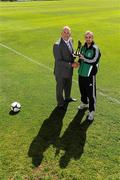 12 May 2011; Bray Wanderers' Gary Dempsey is presented with the Airtricity / SWAI Player of the Month Award for April 2011 by Jason Cooke, Head of Communications, Airtricity. Carlisle Grounds, Bray, Co. Wicklow. Picture credit: Ray McManus / SPORTSFILE