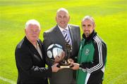 12 May 2011; Bray Wanderers' Gary Dempsey is presented with the Airtricity / SWAI Player of the Month Award for April 2011 by Jason Cooke, Head of Communications Airtricity and Bray Wanderers' manager Pat Devlin. Carlisle Grounds, Bray, Co. Wicklow. Picture credit: Ray McManus / SPORTSFILE