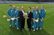 13 May 2011; Martin Kelleher, Managing Director, Centra, fourth from left, and Michael Morgan, Sales Director, Centra, with Centra’s GAA Hurling Ambassadors for 2011, from left, Patrick Horgan, Cork, Ger Farragher, Galway, David O’Callaghan, Dublin, Eoin Kelly, Tipperary, John Mullane, Waterford, and Henry Shefflin, Kilkenny, at the launch of Centra’s exciting programme of activity for the GAA Hurling All-Ireland Senior Championship. Centra, sponsor of the GAA Hurling All Ireland Championship have lined up some of the greatest stars of the game to take the hurling message out into the community by organising the Centra Hurling Skills Tour which will run from Saturday 4th June to Saturday 9th July. The tour will feature Centra’s Hurling Ambassadors and will take place in Tipperary, Offaly, Kilkenny, Cork, Dublin, and Galway. Each Centra Skills Session will feature two of the hurling Ambassadors, giving Ireland’s future hurlers the chance to train with the best in the game and the good news is that they are free of charge – registration will take place in Centra stores in the relevant counties. For more information log onto www.centra.ie or Facebook.com/centra. Croke Park, Dublin. Picture credit: Brian Lawless / SPORTSFILE