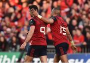10 December 2016; Simon Zebo of Munster celebrates with team-mate Conor Murray after scoring his side's first try during the European Rugby Champions Cup Pool 1 Round 3 match between Munster and Leicester Tigers at Thomond Park in Limerick. Photo by Diarmuid Greene/Sportsfile