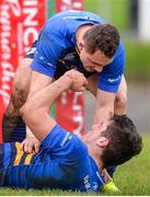 17 December 2016; Jimmy O’Brien and Charlie Rock of Leinster A celebrate a try during the the B&I Cup match between Scarlets Premiership Select and Leinster A at The Park, Llanelli. Photo by Gwenno Davies/Sportsfile