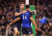 17 December 2016; Adam Byrne is congratulated by his Leinster team-mate Garry Ringrose, left, after scoring his side's third try during the European Rugby Champions Cup Pool 4 Round 4 match between Leinster and Northampton Saints at the Aviva Stadium, Dublin. Photo by Stephen McCarthy/Sportsfile