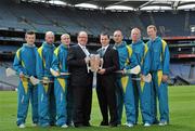 13 May 2011; Martin Kelleher, Managing Director, Centra, fourth from left, and Michael Morgan, Sales Director, Centra, with Centra’s GAA Hurling Ambassadors for 2011, from left, Patrick Horgan, Cork, Ger Farragher, Galway, David O’Callaghan, Dublin, Eoin Kelly, Tipperary, John Mullane, Waterford, and Henry Shefflin, Kilkenny, at the launch of Centra’s exciting programme of activity for the GAA Hurling All-Ireland Senior Championship. Centra, sponsor of the GAA Hurling All Ireland Championship have lined up some of the greatest stars of the game to take the hurling message out into the community by organising the Centra Hurling Skills Tour which will run from Saturday 4th June to Saturday 9th July. The tour will feature Centra’s Hurling Ambassadors and will take place in Tipperary, Offaly, Kilkenny, Cork, Dublin, and Galway. Each Centra Skills Session will feature two of the hurling Ambassadors, giving Ireland’s future hurlers the chance to train with the best in the game and the good news is that they are free of charge – registration will take place in Centra stores in the relevant counties. For more information log onto www.centra.ie or Facebook.com/centra. Croke Park, Dublin. Picture credit: Brian Lawless / SPORTSFILE