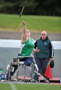 15 May 2011; Eventual runner up in the Women's Seated Javelin Orla Barry, Paralympics Ireland, in action during the competition. Woodie’s DIY AAI Games, Morton Stadium, Santry, Dublin. Picture credit: Barry Cregg / SPORTSFILE