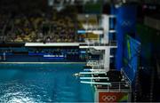 15 August 2016; (EDITOR'S NOTE; A variable planed lens was used in the creation of this image) Oliver Dingley of Ireland competes in the preliminary round of the Men's 3m springboard in the Maria Lenk Aquatics Centre, Barra da Tijuca, during the 2016 Rio Summer Olympic Games in Rio de Janeiro, Brazil. Photo by Brendan Moran/Sportsfile