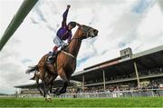 11 September 2016; Frankie Dettori celebrates winning the Palmerstown House Estate Irish St. Leger on Wicklow Brave during the Irish Champion Stakes at The Curragh in Co. Kildare. Photo by Cody Glenn/Sportsfile
