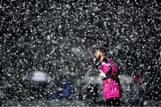 9 April 2016; Pike Rovers goalkeeper Gary Neville attempts to see through the snow before the game was abandoned. FAI Junior Cup Semi-Final in association with Aviva and Umbro, St. Peters FC v Pike Rovers, Leah Victoria Park, Tullamore, Co. Offaly. Photo by Brendan Moran/Sportsfile
