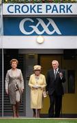 18 May 2011; HM Queen Elizabeth II, centre, and President of Ireland Mary McAleese are escorted onto the pitch by Uachtarán CLG Criostóir Ó Cuana. State Visit to Ireland by Her Majesty Queen Elizabeth II & His Royal Highness The Duke of Edinburgh, Croke Park, Dublin. Picture credit: Stephen McCarthy / SPORTSFILE