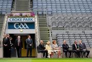18 May 2011; HM Queen Elizabeth II, second from left, with Uachtarán CLG Criostóir Ó Cuana, President Mary McAleese, HRH the Duke of Edinburgh, Dr. Martin McAleese and Ard Stiúrthóir of the GAA Páraic Duffy watch a short video piece on the big screen. State Visit to Ireland by Her Majesty Queen Elizabeth II & His Royal Highness The Duke of Edinburgh, Croke Park, Dublin. Picture credit: Stephen McCarthy / SPORTSFILE