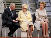 18 May 2011; HM Queen Elizabeth II in conversation with Uachtarán CLG Criostóir Ó Cuana as they sit by the pitch. Also pictured is the President of Ireland Mary McAleese, right. State Visit to Ireland by Her Majesty Queen Elizabeth II & His Royal Highness The Duke of Edinburgh, Croke Park, Dublin. Picture credit: Stephen McCarthy / SPORTSFILE