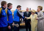 18 May 2011; Kevin Nolan, Dublin, with Padraic Maher and Lar Corbett, Tipperary, to his right, is introduced to HM Queen Elizabeth II and President Mary McAleese by Uachtarán CLG Criostóir Ó Cuana during their tour of Croke Park. State Visit to Ireland by HM Queen Elizabeth II and HRH the Duke of Edinburgh, Croke Park, Dublin. Picture credit: Ray McManus / SPORTSFILE