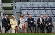18 May 2011; HM Queen Elizabeth II, second from left, with Uachtarán CLG Criostóir Ó Cuana, President Mary McAleese, HRH the Duke of Edinburgh, Dr. Martin McAleese and Ard Stiúrthóir of the GAA Páraic Duffy sit by the pitch. State Visit to Ireland by Her Majesty Queen Elizabeth II & His Royal Highness The Duke of Edinburgh, Croke Park, Dublin. Picture credit: Stephen McCarthy / SPORTSFILE