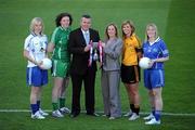 19 May 2011; MMI Group were today unveiled as the new sponsor of the Ladies Football Interprovincial Championship. In attendance at Croke Park ahead of this weekend’s action in the MMI Group Ladies Football Interprovincial Championship were James Marmion, Head of Sales, MMI Group, Esme Murphy, Sales Manager, MMI Group, with interprovincial players, from left, Tracey Leonard, Connacht, Clíodhna O'Connor, Leinster, Sinead McCleary, Ulster, and Elaine Harte, Munster. In addition to being the tournament sponsor, MMI Group is now the official medal supplier to the Association at National level. The MMI Group Ladies Football Interprovincial Championship throws in at 11am on Saturday in Páirc Chiaráin in Athlone with Leinster v Connacht and Ulster v Munster the first of the round robin games. MMI Group Announced as Ladies Football Interprovincial Championship Sponsor, Croke Park, Dublin. Picture credit: Brian Lawless / SPORTSFILE