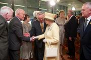 18 May 2011; HM Queen Elizabeth II is intoduced, by Nickey Brennan, GAA President 2006-2009, to Dr. Mick Loftus, GAA President 1985-1988, in the company of Paddy McFlynn, GAA President 1979-1982, left, Uachtarán Chumann Lúthchleas Gael Criostóir Ó Cuana, right, and President of Ireland Mary McAleese during her tour of Croke Park. State Visit to Ireland by HM Queen Elizabeth II and HRH the Duke of Edinburgh, Croke Park, Dublin. Picture credit: Ray McManus / SPORTSFILE