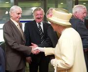 18 May 2011; HM Queen Elizabeth II is intoduced, by Nickey Brennan, GAA President 2006-2009, partially hidden, to Paddy Buggy, GAA President 1982-1985, during her tour of Croke Park. State Visit to Ireland by HM Queen Elizabeth II and HRH the Duke of Edinburgh, Croke Park, Dublin. Picture credit: Ray McManus / SPORTSFILE