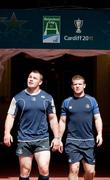20 May 2011; Leinster's Cian Healy, left, and Gordon D'Arcy walks out of the tunnel for the Captain's Run ahead of their side's Heineken Cup Final against Northampton Saints on Saturday. Leinster Rugby Squad Captain's Run, Millennium Stadium, Cardiff, Wales. Picture credit: Ray McManus / SPORTSFILE