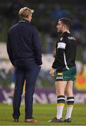 17 December 2016; JJ Hanrahan, right, of Northampton Saints with Leinster head coach Leo Cullen before the European Rugby Champions Cup Pool 4 Round 4 match between Leinster and Northampton Saints at the Aviva Stadium, Dublin. Photo by Brendan Moran/Sportsfile