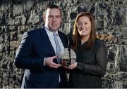 21 December 2016; Olivia Leonard is presented with the Croke Park Player of the Month Award by Sean Reid of The Croke Park. Leonard was instrumental for St. Maur’s as they claimed the Leinster and Junior All Ireland Club Finals. Olivia was a major factor in St. Maur’s All Ireland final win over Kinsale from Cork as she scored 1-05 from play from midfield. Olivia, who is a member of the Dublin Senior Panel, will now look forward to a similarly successful 2017. The Croke Park, Jones Road, Dublin. Photo by Seb Daly/Sportsfile