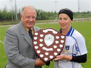 21 May 2011; Pat Quill, Uachtaran Cumann Peil Gael na mBan, presents the shield to Connacht Captain Rebecca McPhilbin. MMI Group Ladies Football Interprovincial Championship Finals, Shield Final, Connacht v Leinster, Pairc Chiarain, Athlone, Co. Westmeath. Picture credit: Oliver McVeigh / SPORTSFILE