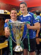 21 May 2011; Leinster's Eoin Reddan, left, and Jonathan Sexton celebrate with the Heineken Cup after the game. Heineken Cup Final, Leinster v Northampton Saints, Millennium Stadium, Cardiff, Wales. Picture credit: Brendan Moran / SPORTSFILE