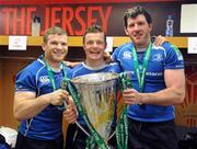 21 May 2011; Leinster players, from left, Gordon D'Arcy, Brian O'Driscoll and Shane Horgan celebrate with the Heineken Cup after the game. Heineken Cup Final, Leinster v Northampton Saints, Millennium Stadium, Cardiff, Wales. Picture credit: Brendan Moran / SPORTSFILE