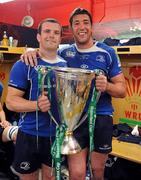 21 May 2011; Leinster's Shane Jennings, left, and Nathan Hines celebrate with the Heineken Cup after the game. Heineken Cup Final, Leinster v Northampton Saints, Millennium Stadium, Cardiff, Wales. Picture credit: Brendan Moran / SPORTSFILE