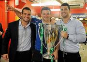 21 May 2011; Leinster players, from left, Dave Kearney, Fergus McFadden and Rob Kearney celebrate with the Heineken Cup after the game. Heineken Cup Final, Leinster v Northampton Saints, Millennium Stadium, Cardiff, Wales. Picture credit: Brendan Moran / SPORTSFILE