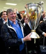 21 May 2011; RTÉ broadcaster Pat Kenny with the cup in Cardiff Airport after Leinster's Heineken Cup Final victory over Northampton Saints. Cardiff Airport, Wales. Picture credit: Ray McManus / SPORTSFILE