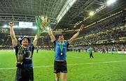 21 May 2011; Leinster's Brian O'Driscoll, left, and Shane Horgan celebrate with the Heineken Cup after the game. Heineken Cup Final, Leinster v Northampton Saints, Millennium Stadium, Cardiff, Wales. Picture credit: Brendan Moran / SPORTSFILE