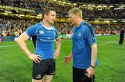 21 May 2011; Leinster's Brian O'Driscoll speaking with head coach Joe Schmidt after the game. Heineken Cup Final, Leinster v Northampton Saints, Millennium Stadium, Cardiff, Wales. Picture credit: Brendan Moran / SPORTSFILE