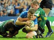 21 May 2011; Gordon D'Arcy, Leinster, is tackled by Paul Diggin, Northampton Saints, in the ingoal area, where the TMO ruled that no try was scored. Heineken Cup Final, Leinster v Northampton Saints, Millennium Stadium, Cardiff, Wales. Picture credit: Brendan Moran / SPORTSFILE