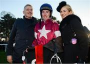 28 December 2016; Jockey Jack Kennedy, centre, with owner Michael O'Leary, left, and his wife Anita, right, after winning the Lexus Steeplechase on Outlander during day three of the Leopardstown Christmas Festival in Leopardstown, Dublin. Photo by Seb Daly/Sportsfile