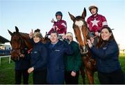 28 December 2016; Trainer Gordon Elliott celebrates with winning horse Outlander, ridden by Jack Kennedy, and second place Don Poli, ridden by David Mullins, following The Lexus Steeplechase on Outlander during day three of the Leopardstown Christmas Festival in Leopardstown, Dublin. Photo by Cody Glenn/Sportsfile