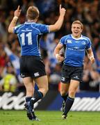 21 May 2011; Leinster's Ian Madigan and Luke Fitzfgerald, 11, celebrate at the final whistle. Heineken Cup Final, Leinster v Northampton Saints, Millennium Stadium, Cardiff, Wales. Picture credit: Brendan Moran / SPORTSFILE