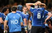 21 May 2011; Leinster's Jonathan Sexton speaks to his team-mates after Northampton scored their second try. Heineken Cup Final, Leinster v Northampton Saints, Millennium Stadium, Cardiff, Wales. Picture credit: Brendan Moran / SPORTSFILE