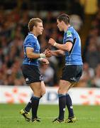 21 May 2011; Leinster's Jonathan Sexton gives some words of advice to his replacement Ian Madigan late in the game. Heineken Cup Final, Leinster v Northampton Saints, Millennium Stadium, Cardiff, Wales. Picture credit: Brendan Moran / SPORTSFILE