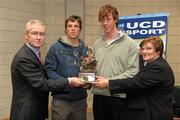 23 May 2011; Rowers David Neale, from Offaly, and Finbar Manning, right, from Clare, who were presented with the Dr. Tony O'Neill Sportsperson of the Year award from UCD President Dr. Hugh Brady, left, and Marjorie Fitzpatrick, sister of Dr. O'Neill. UCD Sports Awards 2011, Astra Hall, University College Dublin, Belfield, Dublin. Photo by Sportsfile