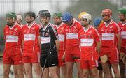 14 May 2011; The Derry team stand for the National Anthem. Ulster GAA Hurling Senior Championship, First Round, Tyrone v Derry, Healy Park, Omagh, Co. Tyrone. Picture credit: Oliver McVeigh / SPORTSFILE