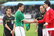 24 May 2011; John Egan, Republic of Ireland, shakes hands with Marcin Kaminski, Poland, before the game. UEFA Under 19 Championship Elite Round, Republic of Ireland v Poland, Baltyk Koszalin, Koszalin, Poland. Picture credit: Lukasz Grochala / SPORTSFILE