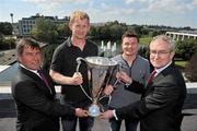 24 May 2011; Leinster captain, Leo Cullen, second from left, and Ireland captain Brian O'Driscoll, joined CEO of Leinster Rugby Michael Dawson, left, and President of UCD Dr Hugh Brady, right, to announce details of a new high performance partnership which will see Leinster moving their training, conditioning and administration to UCD. UCD and Leinster Rugby announcement, University College Dublin, Belfield, Dublin Picture credit: Brian Lawless / SPORTSFILE