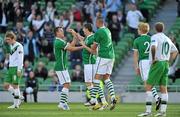 24 May 2011; Stephen Ward, centre, Republic of Ireland, celebrates with team-mates Simon Cox, left, and Damien Delaney, right, after scoring his side's first goal. Carling Four Nations Tournament, Republic of Ireland v Northern Ireland, Aviva Stadium, Lansdowne Road, Dublin. Picture credit: Barry Cregg / SPORTSFILE