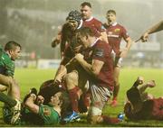 31 December 2016; Tommy O’Donnell of Munster celebrates with teammates after Rhys Marshall scored their side's opening try of the Guinness PRO12 Round 12 match between Connacht and Munster at Sportsground in Galway. Photo by Diarmuid Greene/Sportsfile