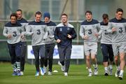 25 May 2011; Republic of Ireland players left to right, Stephen Hunt, Damien Delaney, Liam Lawrence, Andy Keogh, Robbie Keane, Stephen Ward, Simon Cox and Keith Andrews, during squad training ahead of their side's upcoming Carling Four Nations Tournament game against Scotland on Sunday May 29th. Republic of Ireland Squad Training, Gannon Park, Malahide, Dublin. Picture credit: David Maher / SPORTSFILE